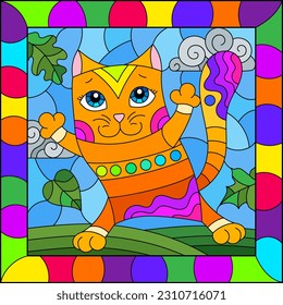 An illustration in the style of a stained glass window with bright cartoon cat on a background of blue sky and leaves in a bright frame