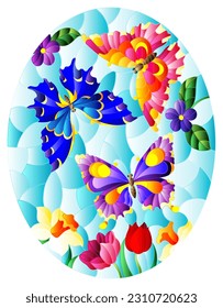 An illustration in the style of a stained glass window with beautiful bright butterflies on a background of flowers and a blue sky, oval image