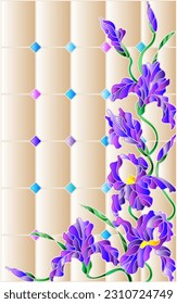 An illustration in the style of a stained glass window with intertwined iris flowers on a window background