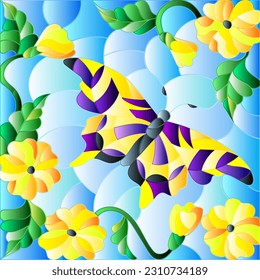 An illustration in the style of a stained glass window with a bright butterfly and flowers on a blue sky background