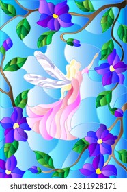 An illustration in the style of a stained glass window with a fairy and bright flowers on a blue sky background