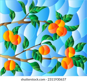 An illustration in the style of a stained glass window with branches of an orange tree with ripe fruits on a blue sky background