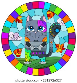 An illustration in the style of a stained glass window with bright cartoon cat on a background of blue sky and leaves in a bright frame