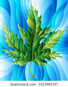 An illustration in the style of a stained glass window with an maple leaf on a blue sky background