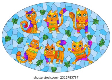 An illustration in the style of a stained glass window with bright cartoon cats on a background of blue sky and leaves in a bright frame