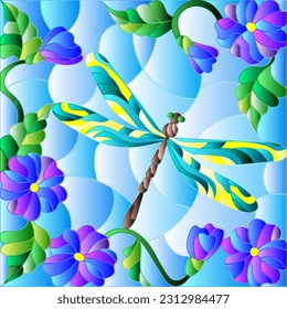 An illustration in the style of a stained glass window with a bright dragonfly and flowers on a blue sky background