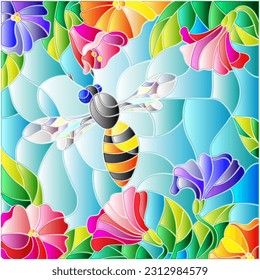 An illustration in the style of a stained glass window with a bright bee and flowers on a blue sky background