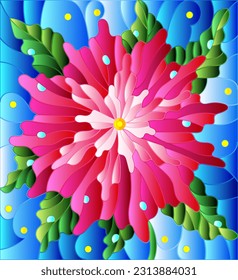 An illustration in the style of a stained glass window with a bright pink flower on a blue sky background