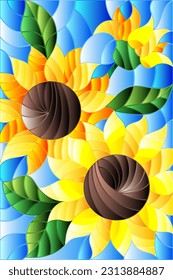 Ilustración al estilo de una vidriera con flores de girasol sobre un fondo azul del cielo