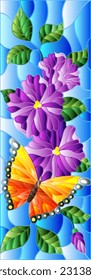 An illustration in the style of a stained glass window with bright purple flowers and orange butterflie on a blue sky background