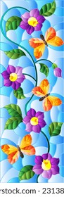 An illustration in the style of a stained glass window with bright purple flowers and orange butterflies on a blue sky background
