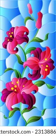 An illustration in the style of a stained glass window with a bouquet of pink lilies on a blue sky background