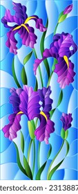 An illustration in the style of a stained glass window with a bouquet of purple irises on a blue sky background