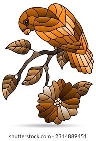 An illustration in the style of a stained glass window with a parrot on a branch, a bird isolated on a white background,tone brown