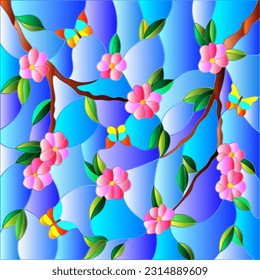 An illustration in the style of a stained glass window with branches of cherry blossoms and butterflies on a blue sky background