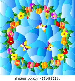 An illustration in the style of a stained glass window with a bright floral wreath and butterflies on a blue sky background