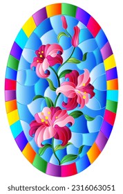 An illustration in the style of a stained glass window with a bouquet of pink lilies on a blue sky background in a bright frame, oval image