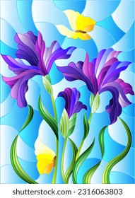 An illustration in the style of a stained glass window with bright purple iris flowers and butterflies on a blue sky background