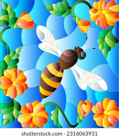 An illustration in the style of a stained glass window with a bright bee and flowers on a blue sky background