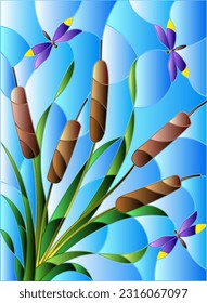 An illustration in the style of a stained glass window with reeds and bright dragonflies on a blue sky background