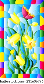 An illustration in the style of a stained glass window with a bouquet of yellow bell flowers and a butterfly on a blue sky background in a bright frame