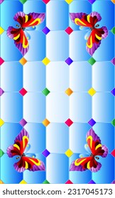 An illustration in the style of a stained glass window with bright butterflies on the background of a window and a blue sky