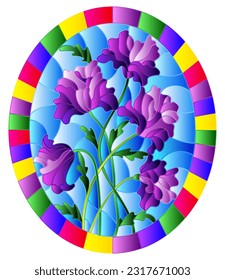 An illustration in the style of a stained glass window with bright purple flowers on a blue sky background, an oval image in a bright frame