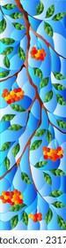 An illustration in the style of a stained glass window with mountain ash branches with berries on a blue sky background