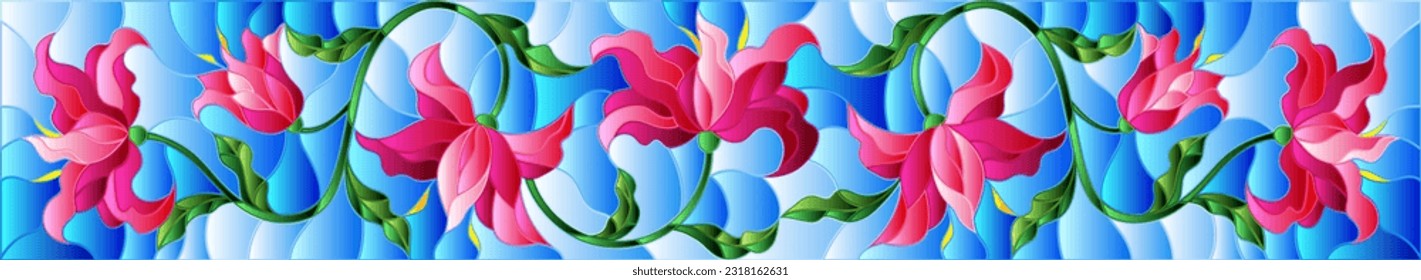 An illustration in the style of a stained glass window with pink lily flowers on a blue sky background