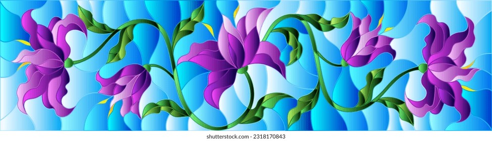 An illustration in the style of a stained glass window with purple flowers on a blue sky background