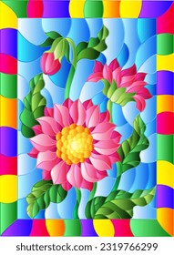 An illustration in the style of a stained glass window with bright pink flowers on a blue background, in a bright frame