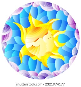 Illustration in the style of a stained glass window with abstract sun ,round image