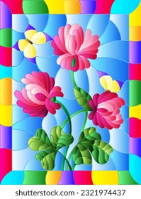 An illustration in the style of a stained glass window with bright pink flowers on a blue sky background in a bright frame