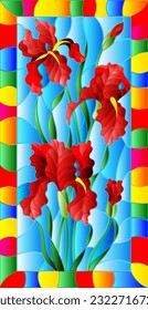 An illustration in the style of a stained glass window with bright red iris flowers on a blue sky background in a bright frame