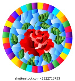 An illustration in the style of a stained glass window with a bright scarlet rose flower on a blue sky background, round image in a bright frame