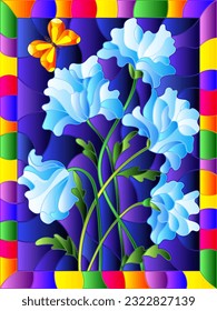 An illustration in the style of a stained glass window with blue flowers on a blue sky background, a rectangular image in a bright frame