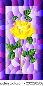 An illustration in the style of a stained glass window with a bright yellow rose flower on a blue sky background in a bright frame
