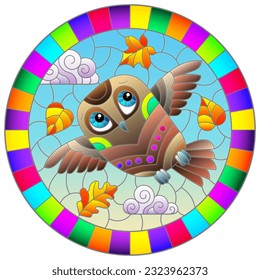 An illustration in the style of a stained glass window with bright cartoon owl on a background of blue sky and leaves, round image in a bright frame