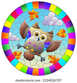 An illustration in the style of a stained glass window with bright cartoon owl on a background of blue sky and leaves, round image in a bright frame