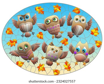 An illustration in the style of a stained glass window with bright cartoon owl on a background of blue sky and leaves, oval image 