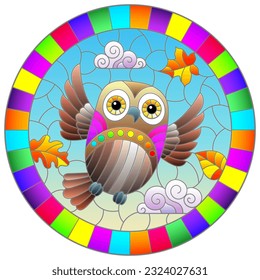An illustration in the style of a stained glass window with bright cartoon owl on a background of blue sky and leaves, round image in a bright frame