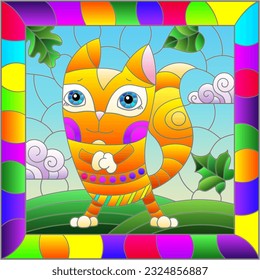 An illustration in the style of a stained glass window with bright cartoon fox on a background of blue sky and leaves in a bright frame