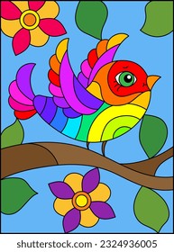 An illustration in the style of a stained glass window with a bright bird on the branches of a tree with flowers against the sky