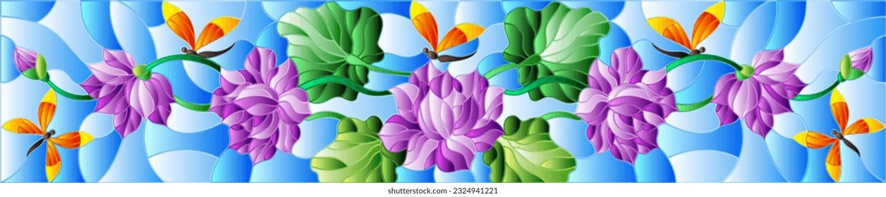 An illustration in the style of a stained glass window with bright purple lotus flowers and butterflies on a blue sky background 