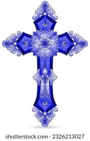 An illustration in the style of a stained glass window with a bright Christian cross, isolated on a white background, tone blue
