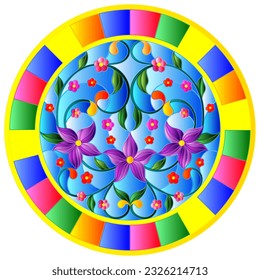 An illustration in the style of a stained glass window with bright pink flowers on a blue sky background , a round image in a bright frame
