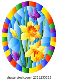 An illustration in the style of a stained glass window with yellow daffodils and purple butterflies, an oval image in a bright frame