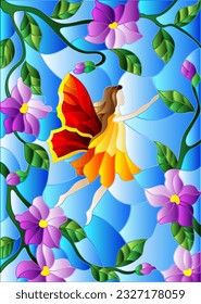 An illustration in the style of a stained glass window with a fairy and bright purple flowers on a blue sky background