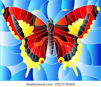 An illustration in the style of a stained glass window with a bright red butterfly on a blue sky background