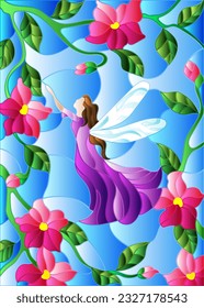 An illustration in the style of a stained glass window with a fairy and bright pink flowers on a blue sky background